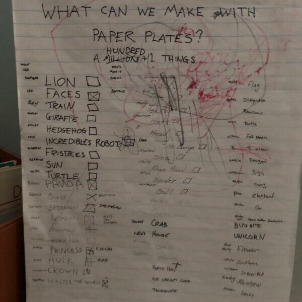 Large sheet of paper with the children's list of ideas, titled "What can we make with paper plates?"