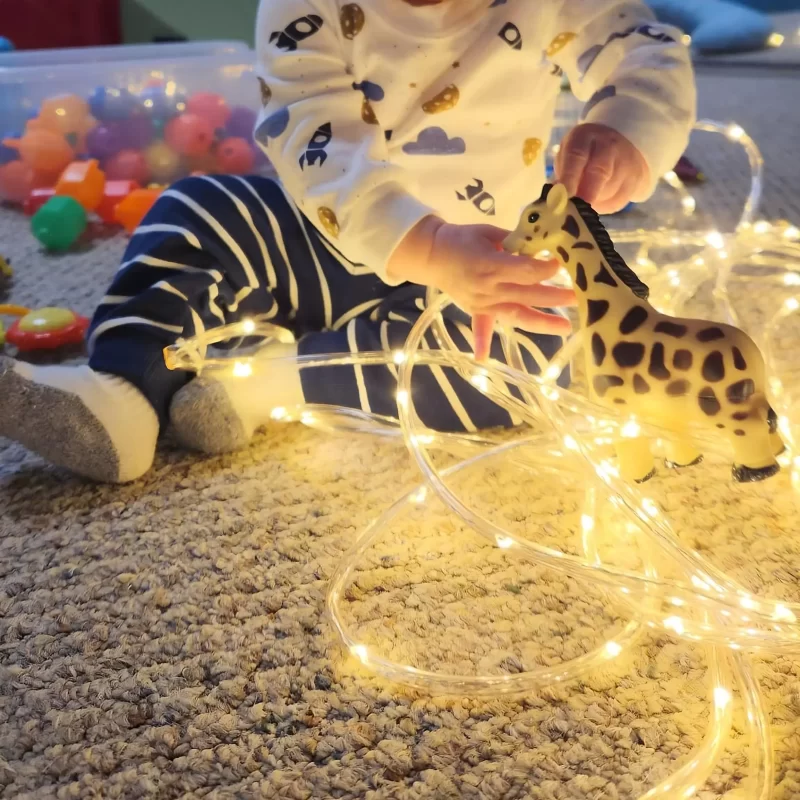 Infant plays with giraffe toy amidst rope lights.